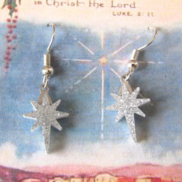 Bethlehem Star Acrylic Silver Sparkle Dangle Earrings Luke 2:11 Card Gift Bag - Picture 2 of 3